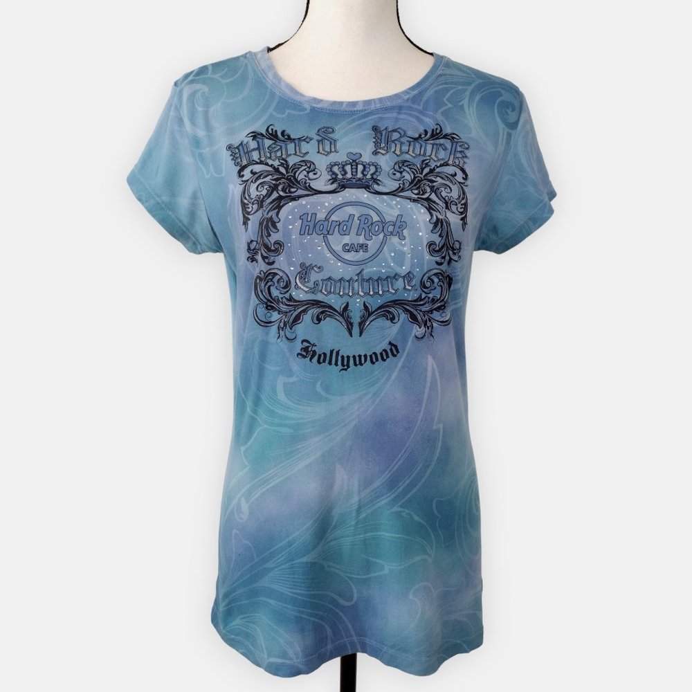 Vintage Y2K Hard Rock Café Hollywood CA Blue Tie Dye Fitted Graphic Tee